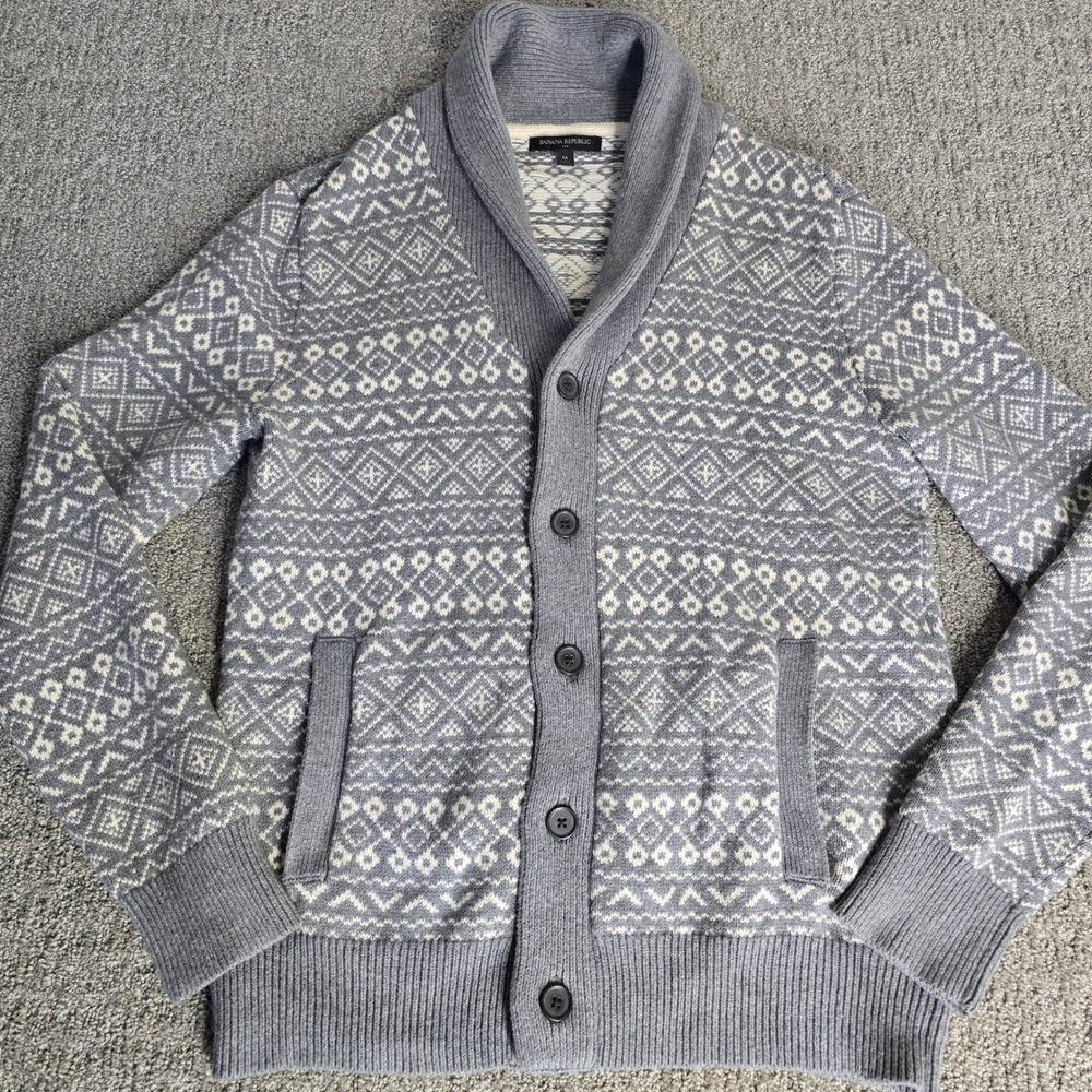 Banana Republic Women's M Gray White Fair Isle Shawl Collar Cardigan Sweater
